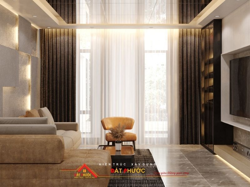 Phòng khách bố trí màn 2 lớp vừa tạo sự riêng tư, che nắng và hạn chế bụi mịn