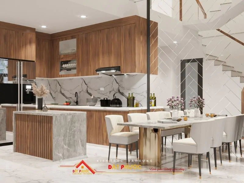 Nội thất phòng bếp tiện nghi, bố trí bàn ăn lớn và thiết kế hài hòa
