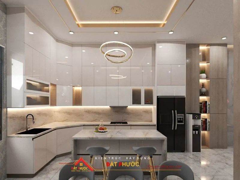 Phòng bếp trở nên ấm áp hơn khi đèn được bố trí ở nhiều góc nội thất