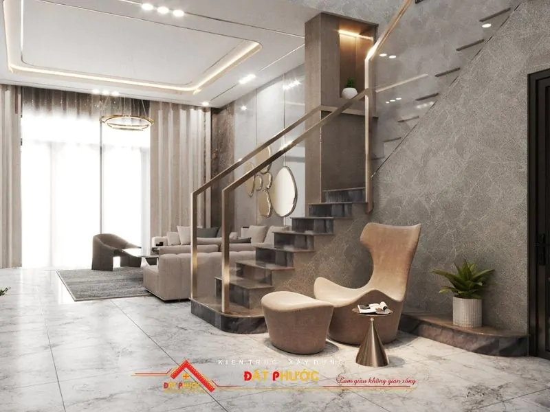 Một chiếc bàn trà bố trí tinh tế ở cầu thang cho gia chủ thư giãn