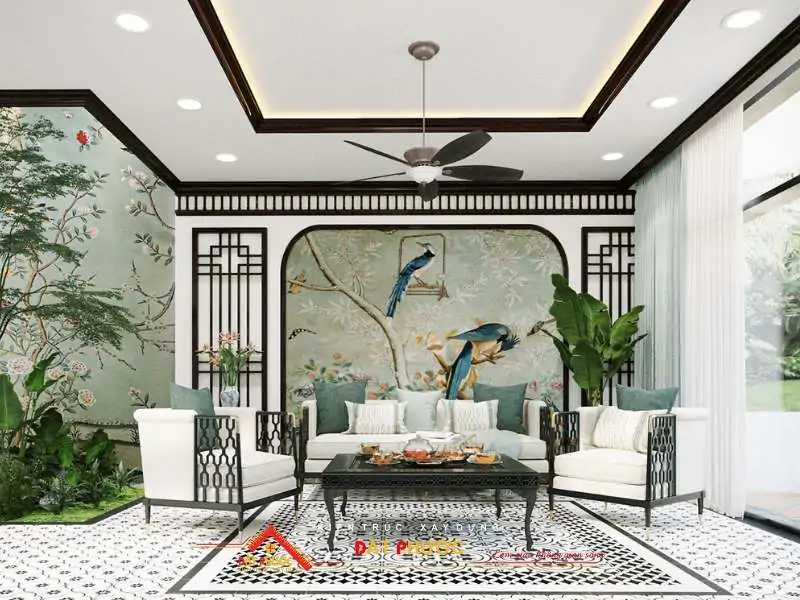 Phòng khách trong thiết kế nội thất nhà ở Bình Dương phong cách Indochine