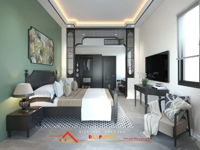 Phòng ngủ phong cách Indochine màu xanh lá chủ đạo