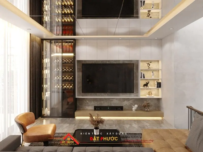 Kệ tivi và tủ rượu lắp thêm đèn ánh vàng tạo sự sang trọng và thu hút tài khí
