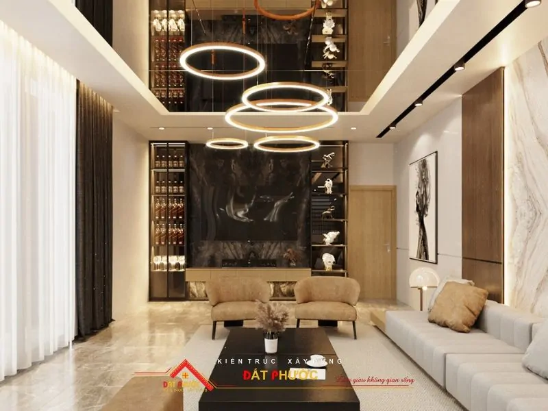 Đèn trần phòng khách thiết kế ấn tượng trong nội thất nhà ở Bình Dương này