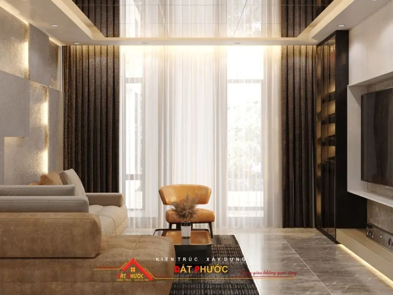 Phòng khách bố trí màn 2 lớp vừa tạo sự riêng tư, che nắng và hạn chế bụi mịn