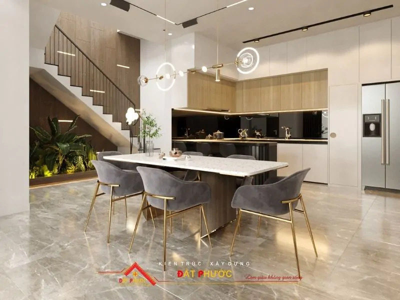 Khu vực bàn ăn gắn thêm đèn trần phòng bếp đẹp mắt và tăng độ sáng