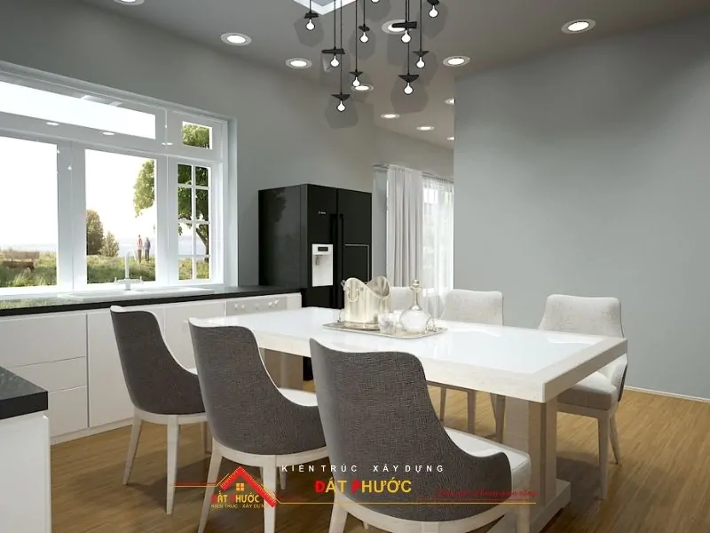 Gam màu trắng - xám tạo sự thanh lịch và thông thoáng hơn cho phòng bếp nội thất nhà ở Bình Dương phong cách Tối giản