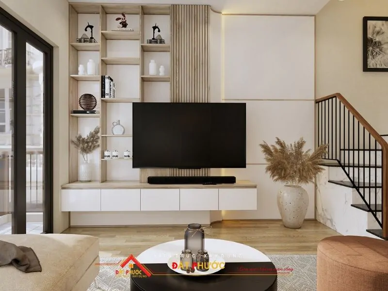 Thiết kế kệ tivi treo tường cùng các ngăn tủ giúp tiết kiệm diện tích và tăng thẩm mỹ
