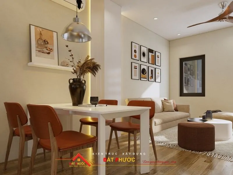 Khu vực bàn ăn bố trí đèn giúp thuận tiện và mang lại sự ấm cúng