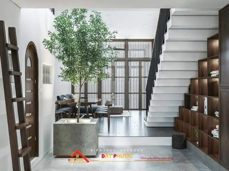 Kệ sách bố trí dưới cầu thang tăng tính thẩm mỹ và tận dụng tối đa diện tích nội thất nhà ở Bình Dương