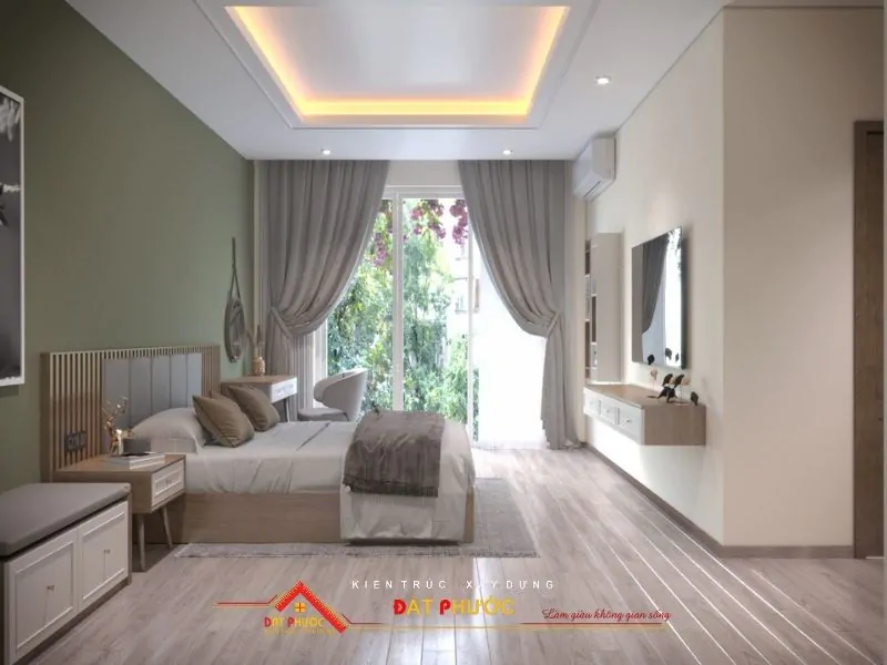 Sắc xanh và xám tạo cho không gian phòng sự thư giãn và thanh lịch