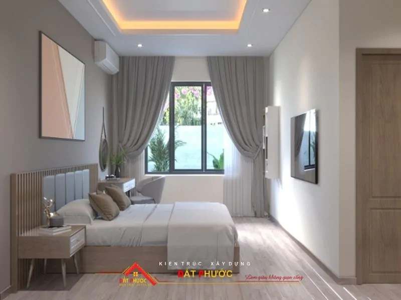 Phòng ngủ tầng 3 trong thiết kế nhà ở Bình Dương 4 tầng cũng mang phong cách Hiện Đại