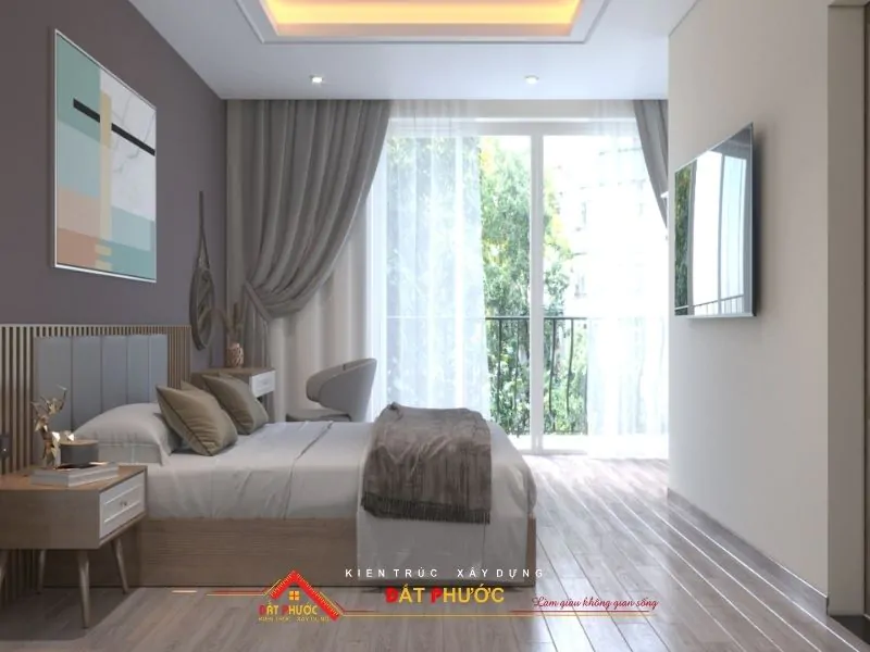 Phòng ngủ tầng 4 thiết kế phong cách Hiện Đại với tone xám - trắng chủ đạo