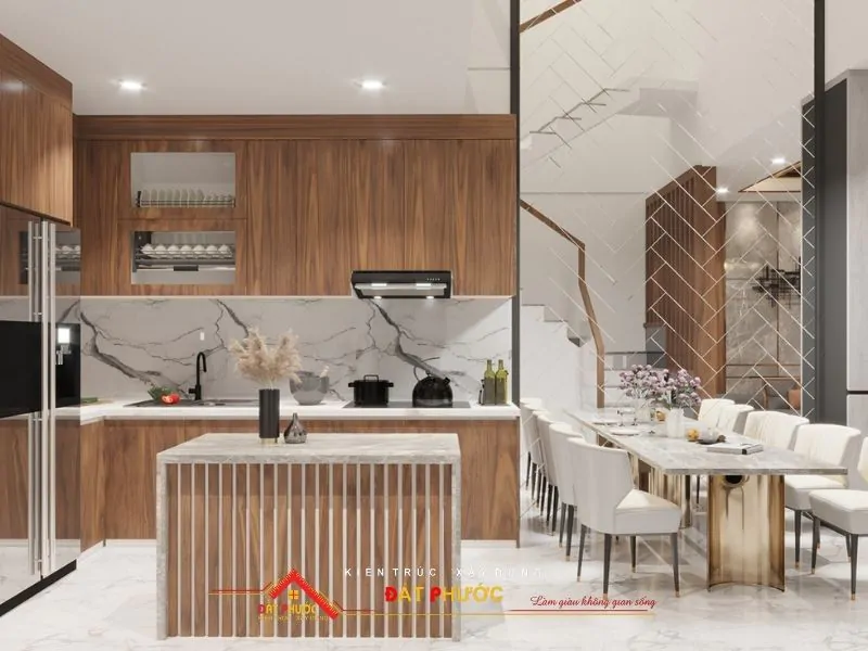 Vách ngăn phòng khách và bếp thiết kế dạng lưới dài độc đáo